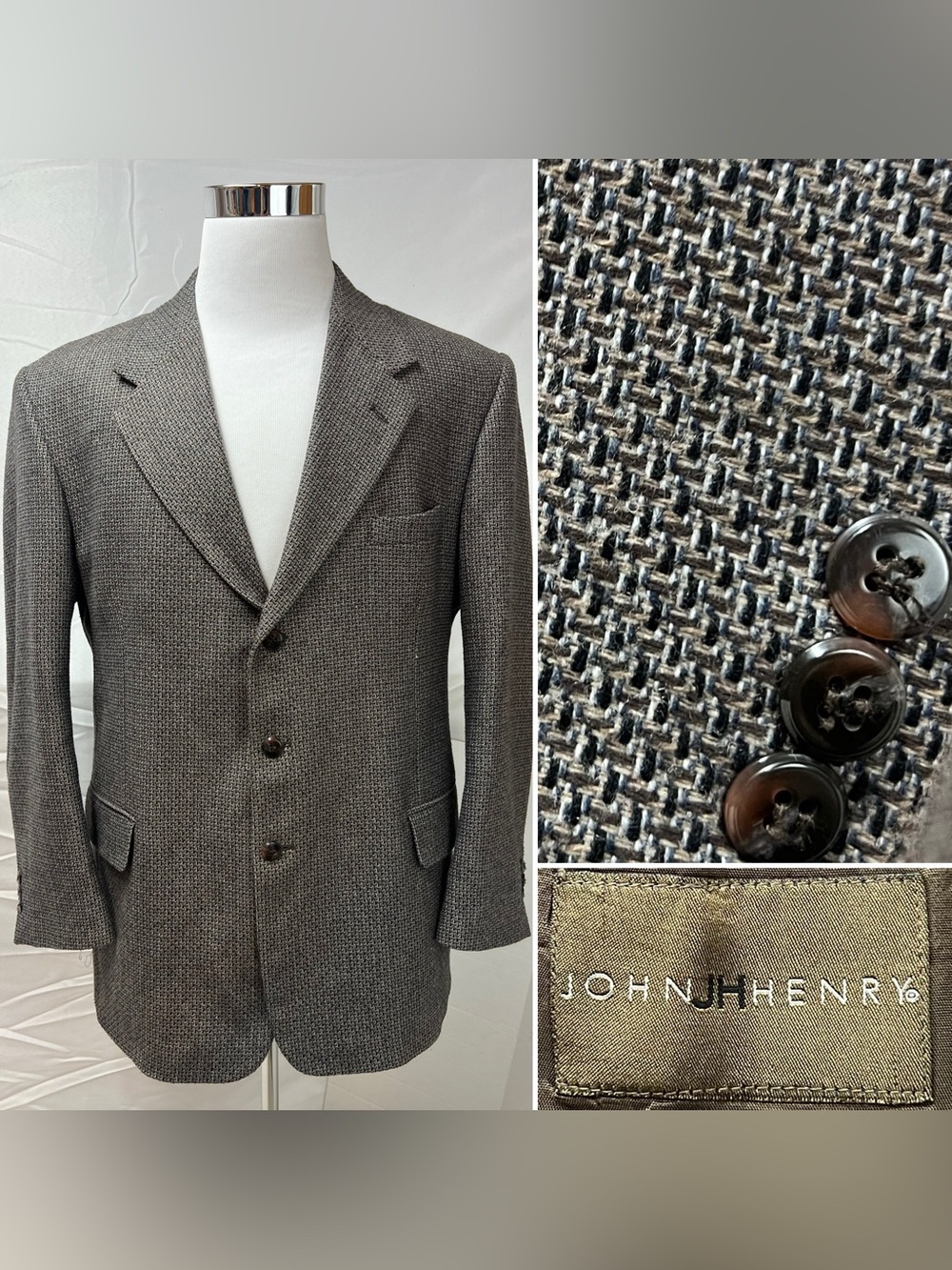 John Henry Vintage Men's 46R Wool Hopsack Gray Brown Tweed Blazer Jacket